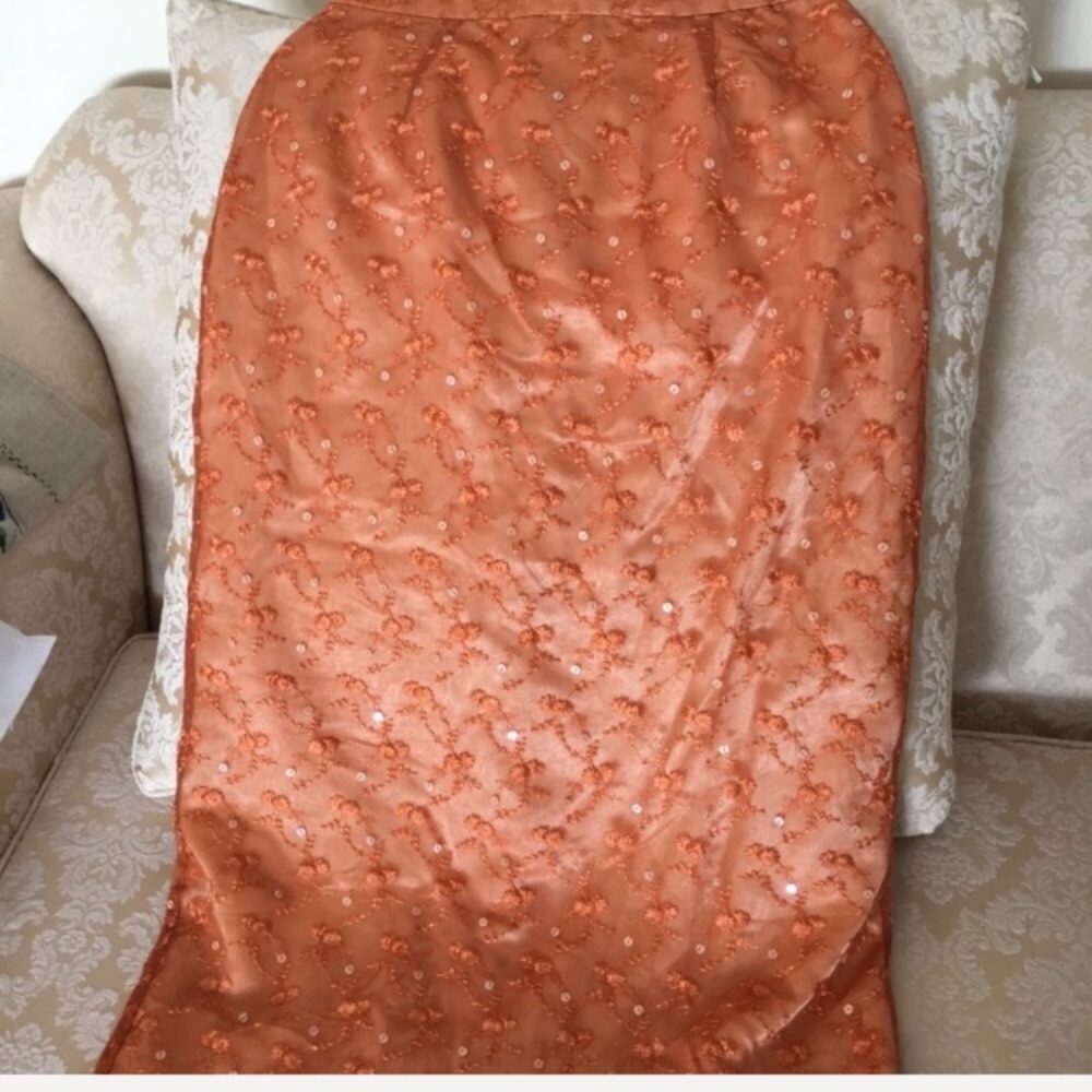 Long light rust lace sequin pencil skirt, zipper